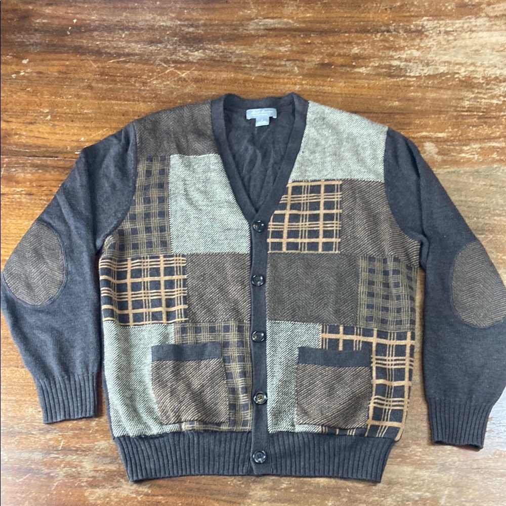 Mens Daniel Cremieux Brown Patchwork Wool Large Cardigan Sweater Elbow Patches